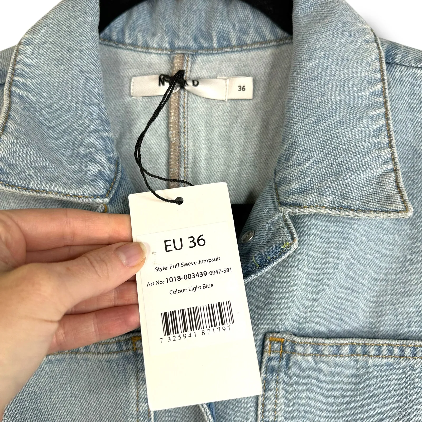 NA-KD NWT Cotton Denim Jean Belted Puff Sleeve Button Collard Denim Jumpsuit - Image 10