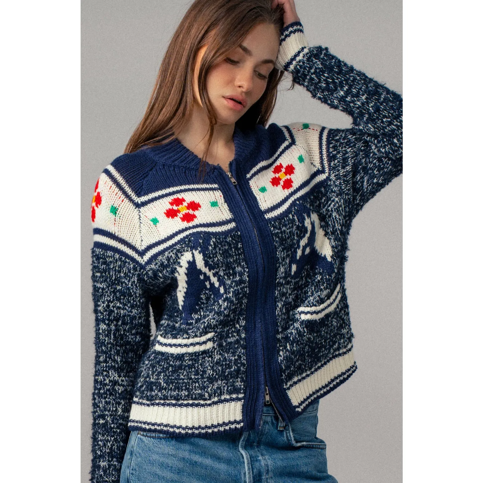 Urban Daizy Floral Yoke Zip-Up Knit Cardigan - Image 4