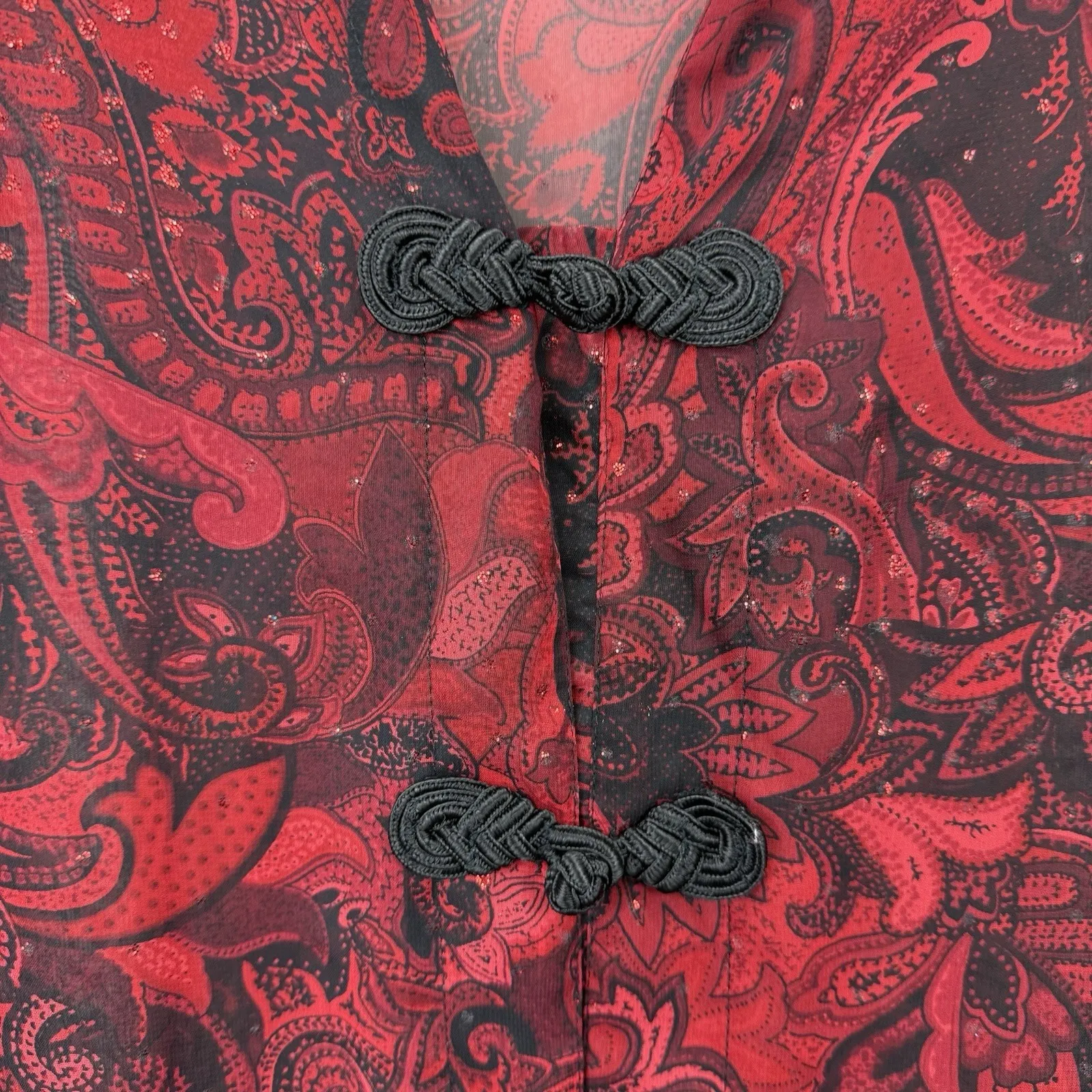 Maggie Barnes Red Black Paisley Glitter Sheer 3/4 Sleeve Button Blouse Size 5X - Image 4