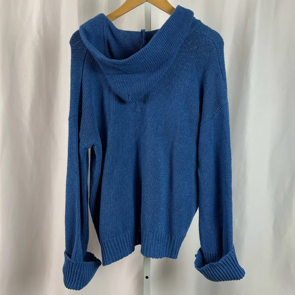 Vintage Large Slouchy Hooded Chunky Cuffed Ribbed Cardigan Shacket Jacket Blue - Image 3