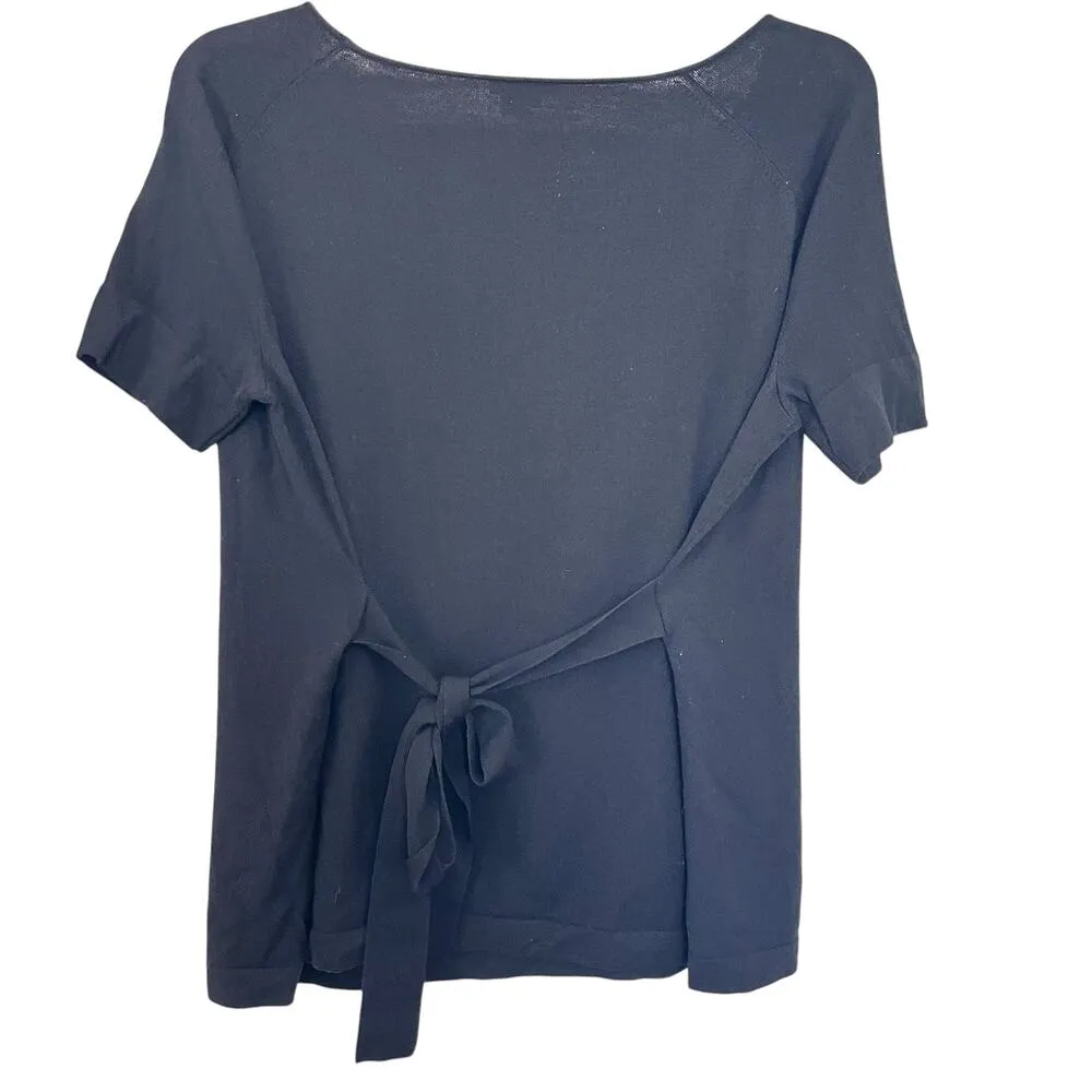 Theory Solid Black Merino Wool Crewneck Short Sleeve Tie Waist Top Size Small - Image 2