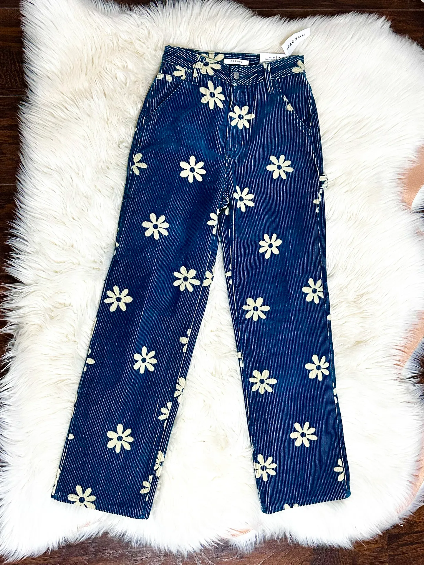 corduroy 90s Boyfriend carpenter navy floral pants - Image 2