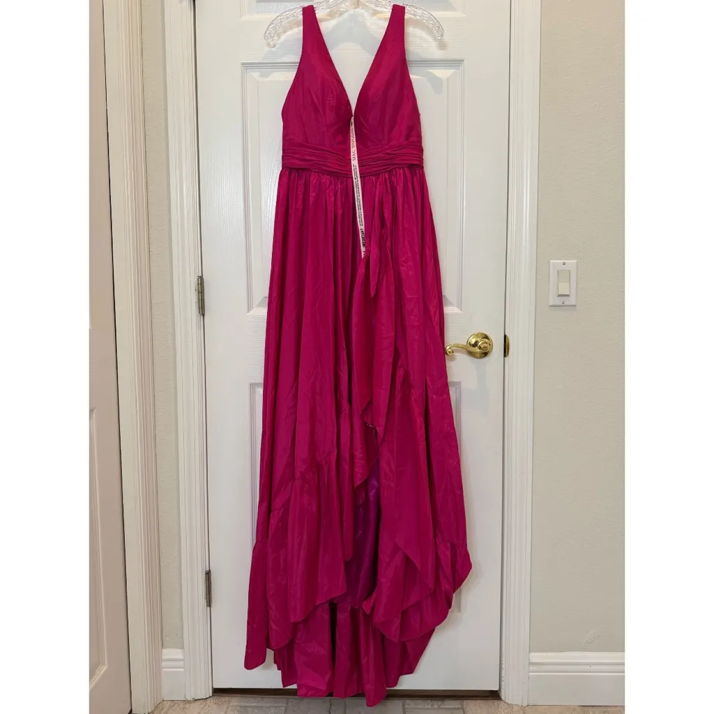 NWT Mac Duggal 67835 Pink Taffeta High Low Ruffle Gown Size 8 - Image 4
