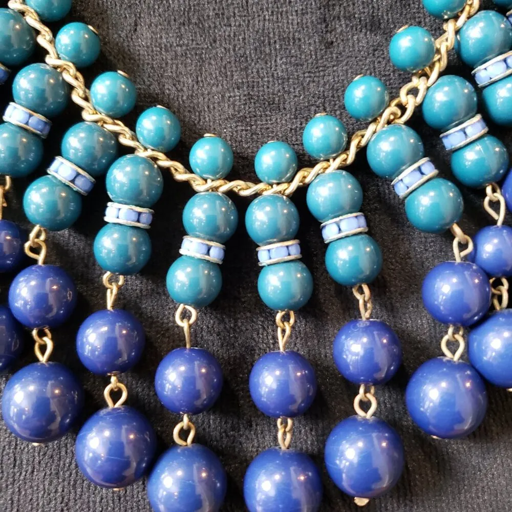 Women Fashion Gold Plated Blue Green Beads Funky Bib Necklace with Lobster Clasp - Image 3