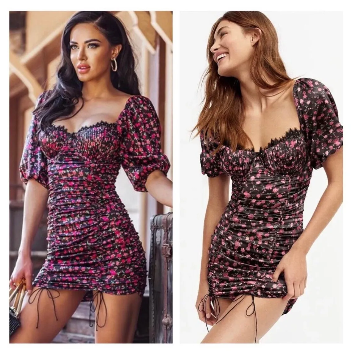 For Love and Lemons Melrose Mini Dress Small Floral Puff Sleeve Ruched Vday Black - Image 2