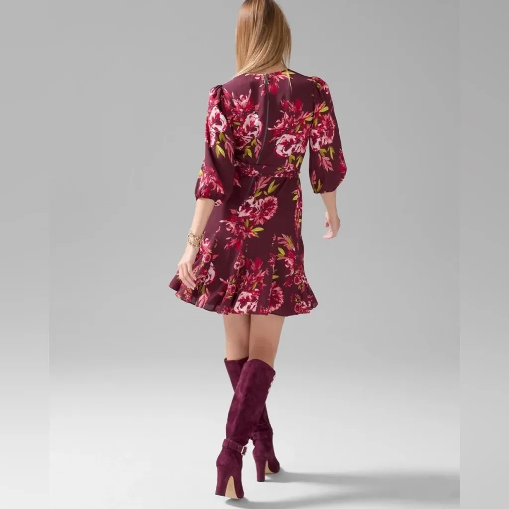 NWT White House Black Market Burgundy Floral Long Sleeve Dress - Image 2