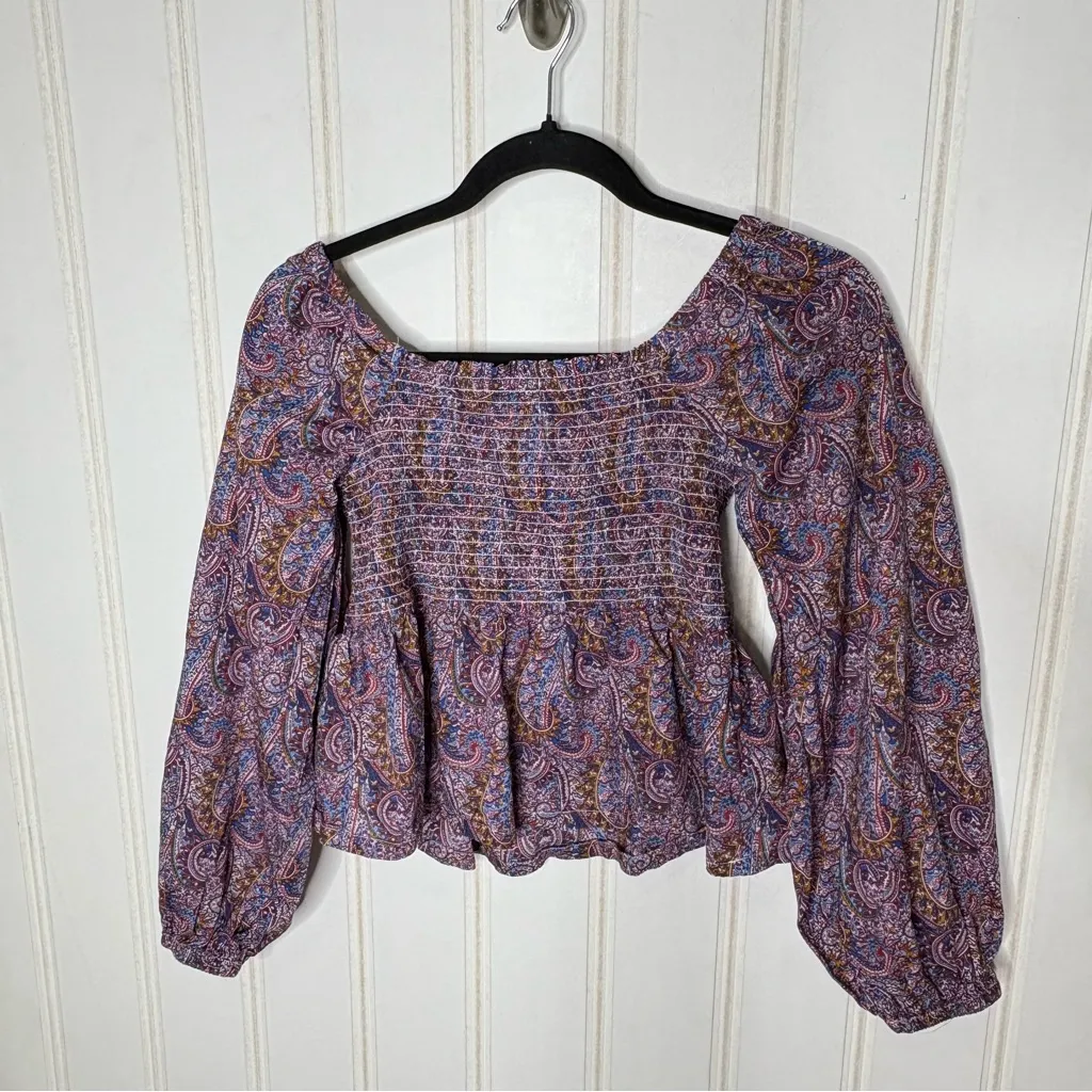 J Crew Liberty Boho Multi Paisley Tropical Print Smocked Puff Sleeve Top 198 Purple Size M - Image 9