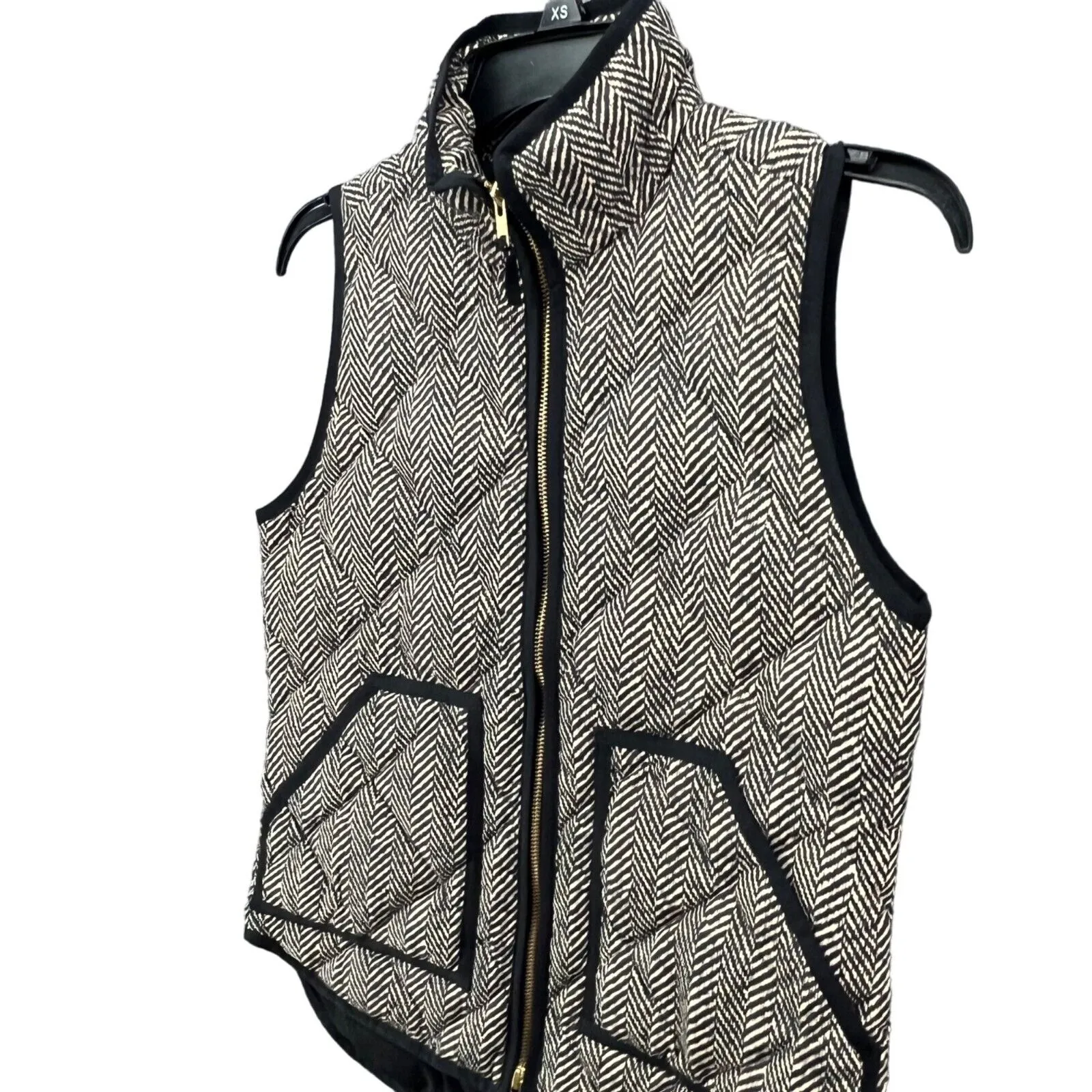 J Crew Down Puffer Vest Womens XXS Black White Herringbone Quilted Preppy Chic - Image 3