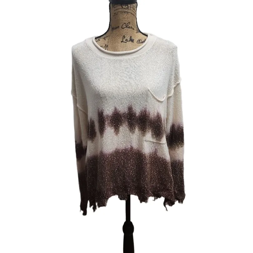 Peach Love Sweater‎ Womens Size Small Cream Brown Tie Dye Distressed Pocket Boho - Image 3