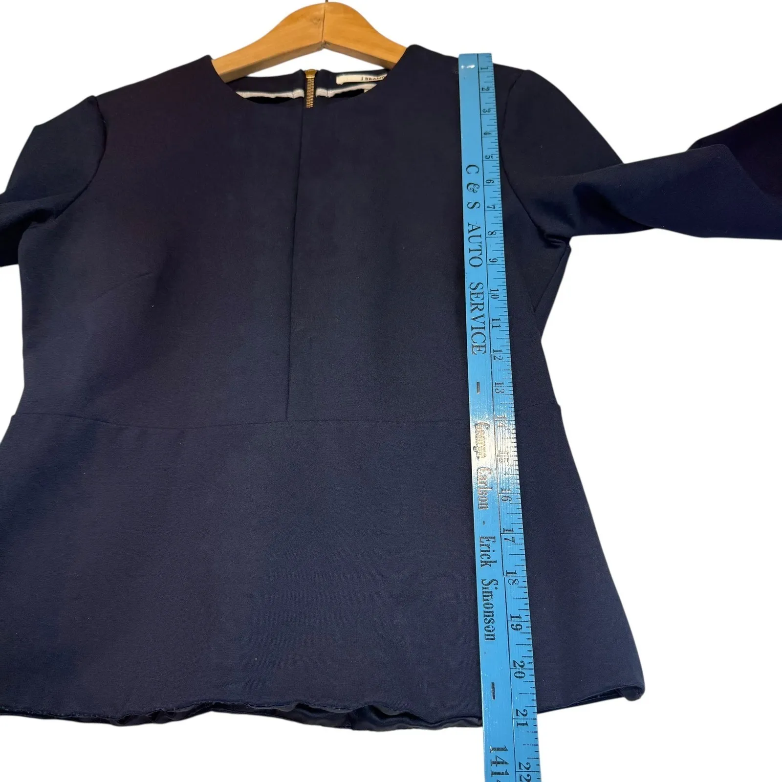 J Brand Navy Blue Peplum Zip Back Long Sleeve Top Office Basic Chic Womens M - Image 9