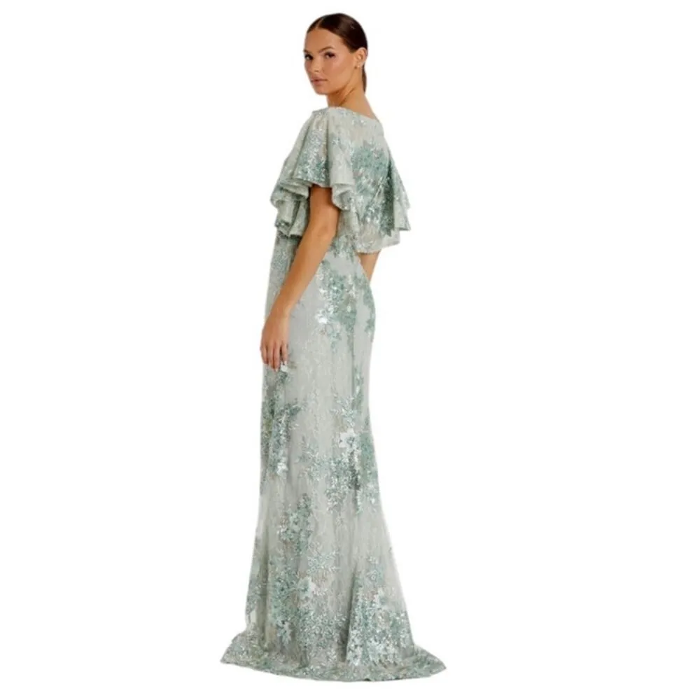 Mac Duggal Size 22 NEW Seafoam Green Bell Sleeve Floral Embellished Gown 67842 - Image 3