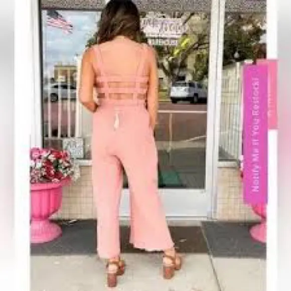 Loveriche cream raw hem‎ jumpsuit open back tie waist women’s size medium trendy - Image 12