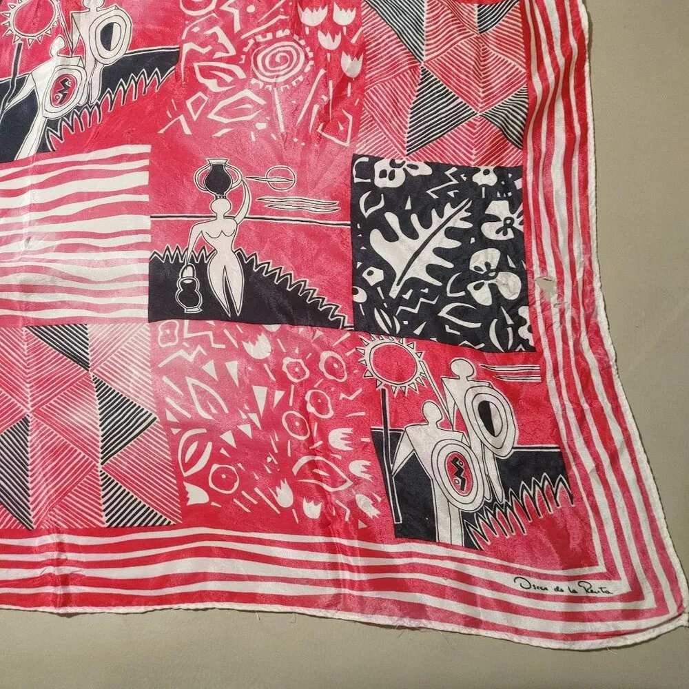 Oscar De La Renta Silk Scarf Twilly Vintage Abstract Red Black Print Japan READ - Image 9