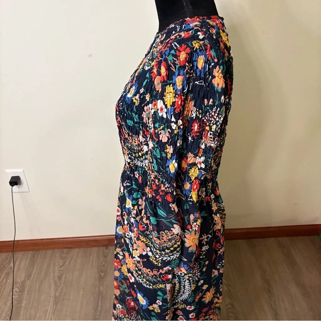 Elegant Floral Print Maxi Dress Bell Sleeve Smocked Bodice Prairie Bump friendly - Image 5