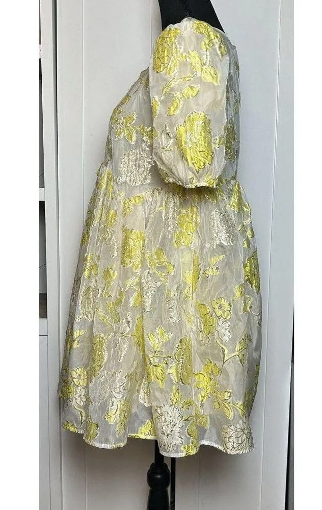 Womens Yellow Metallic Gloss Oversized Babydoll Mini Smock Dress Sm. - Image 14