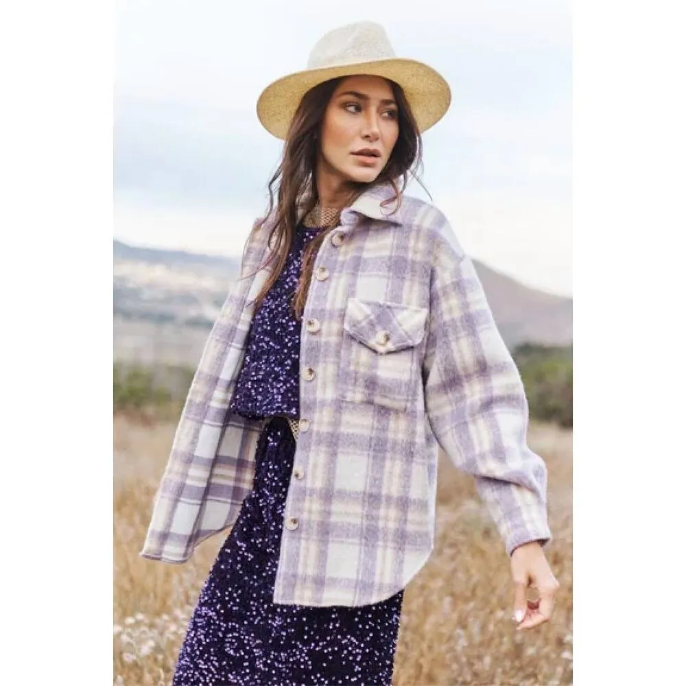 AVEC LES FILLES Plaid Shacket Fleece Jacket in Lavender Purple‎ & Cream, Small - Image 3