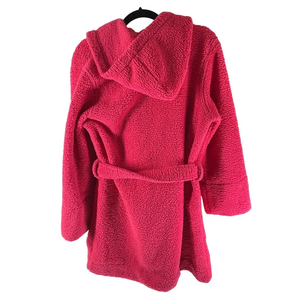 Lands' End Womens Fleece Cardigan Sweater Hooded Belted Pockets Bright Pink XS - Image 2