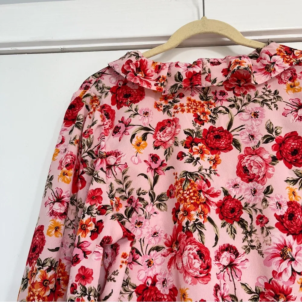 Pink ruffle peplum tie waist floral pink blouse v neck puff sleeve - Image 11