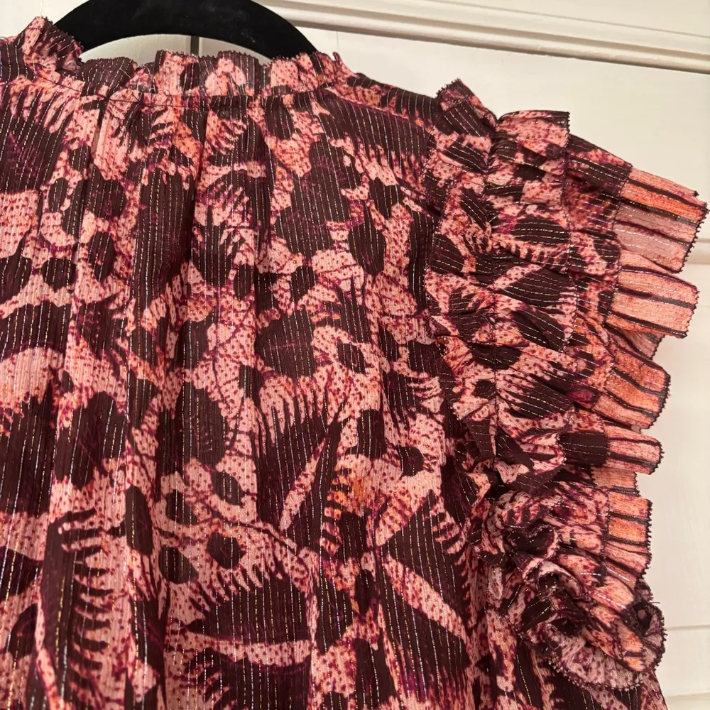 Ulla Johnson Dira Top Bordeaux Metallic Ruffle Size 6 Flutter‎ Sleeve Tassel Tie - Image 14