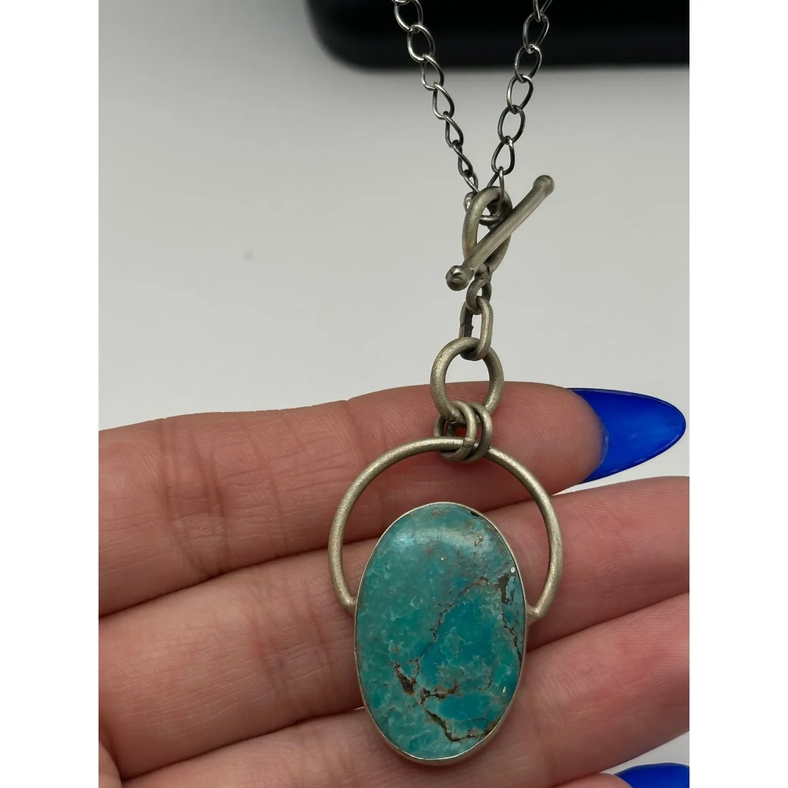 Southwestern Turquoise Sterling Silver Handmade Toggle Necklace - Image 3