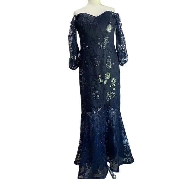 Teri Jon Mother of The Bride Navy Off The Shoulder Sequin Evening Gown Size 10 Blue - Image 2