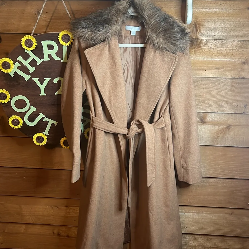 Wool Fur Collar Brown Tan Black Maxi Trench Coat Open Belted Lined Jacket Luxury - Image 5