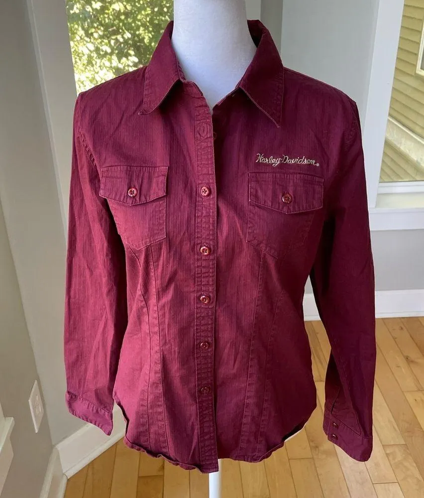 Harley Davidson Burgundy Stretch Cotton Fitted Button Down Shirt Size Medium Red - Image 6