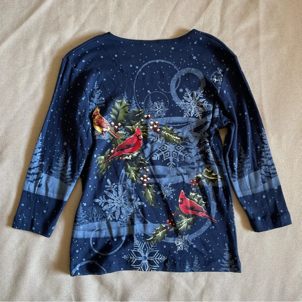 Morning Sun Christmas Cardinal Shirt Small Winter Holiday Snowflake Cotton Blue - Image 2