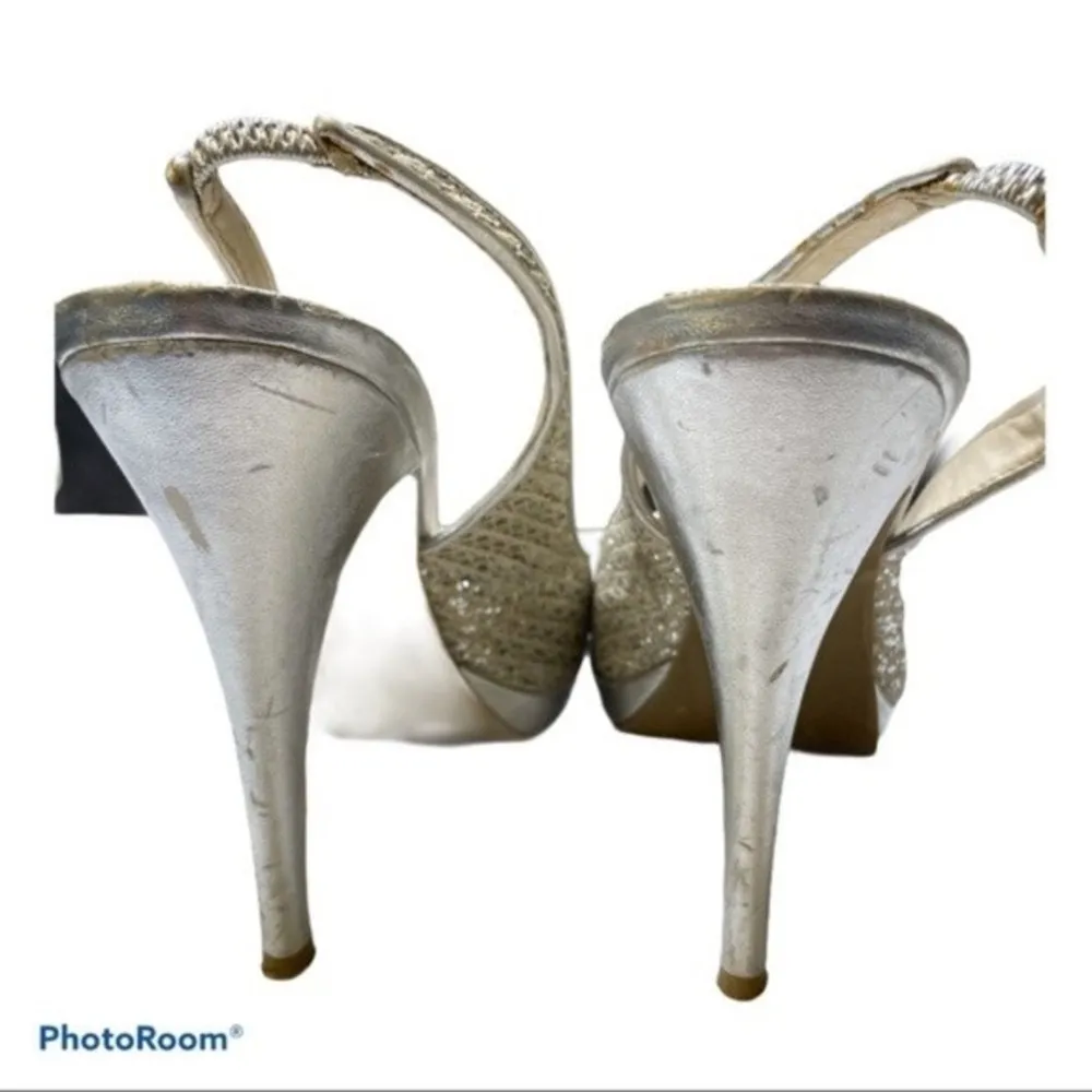 Audrey Brooke Gold Silver Peep Toe Heels Size 10 - Image 6