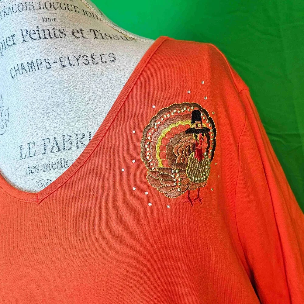 NWT Quacker Factory Womens Orange Embellished Thanksgiving Turkey Tunic Top 2X - Image 3