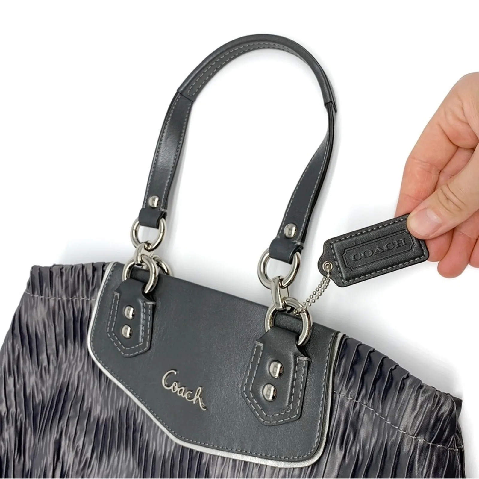 COACH #F20050 Ashley Gathered Carryall Satchel Bag Grey Satin - Image 6