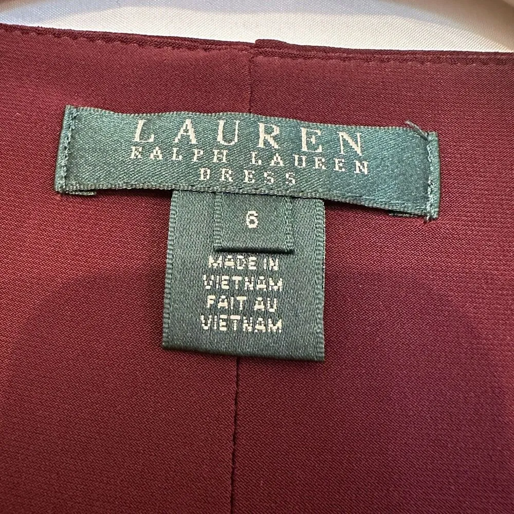 Lauren Ralph Lauren Size 6 Maroon Black Long Sleeve Faux Wrap Midi Dress Stretch - Image 4