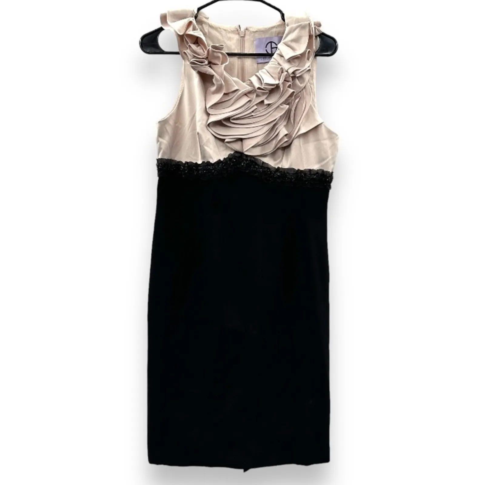 JS Collections Ruffle Collar Crepe Pink & Black Sleeveless Sheath Dress Size 10 - Image 2