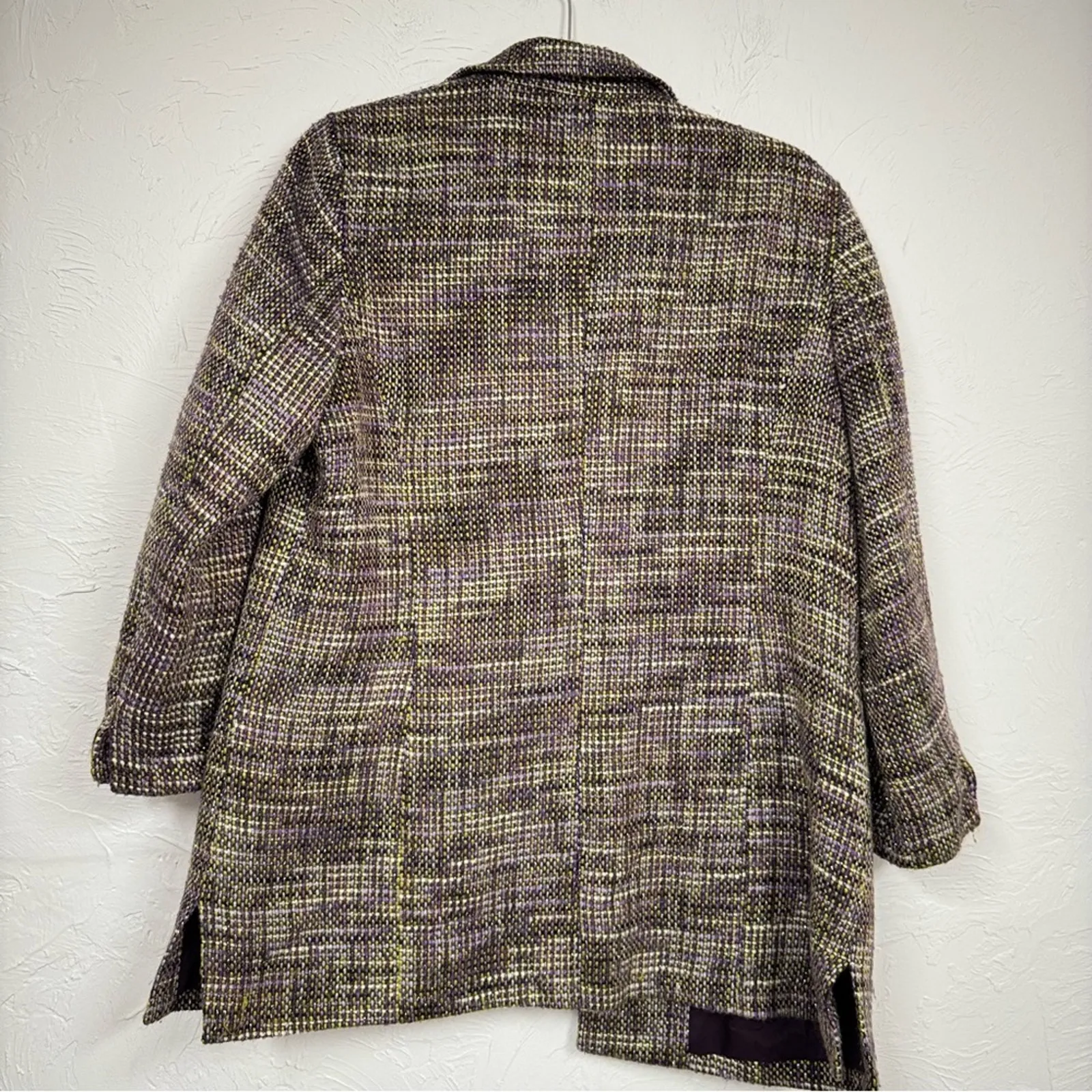 Chicos Purple Green Tweed Plaid Blazer Jacket Womens L Preppy Longline Fall - Image 9