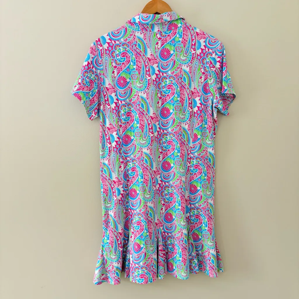 Ibkul Gloria Print Short Sleeve Polo Godet Dress Hot Pink/Turquoise Floral Sz XL Pink - Image 5