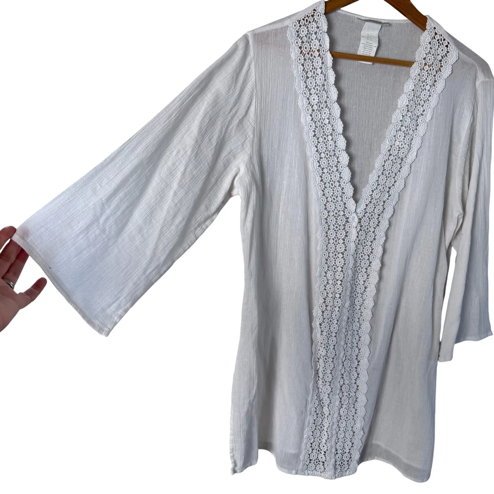 LA BLANCA White Lace Trimmed V Neck 3/4 Sleeve Tunic Cover Up Top, Sz L - Image 5