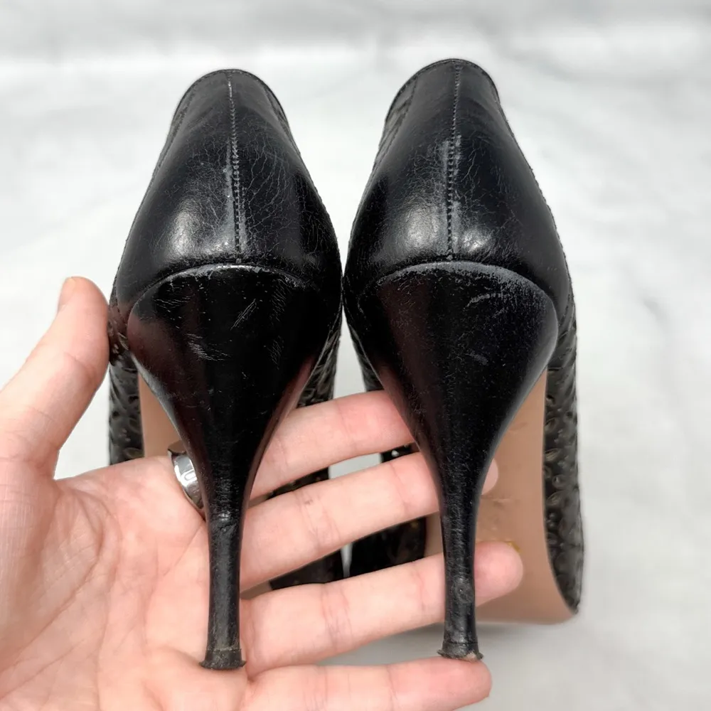 Prada Eyelet Lace Laser Cut Leather Closed Toe Midi Pumps Heels Retro Black 39.5 - Image 6