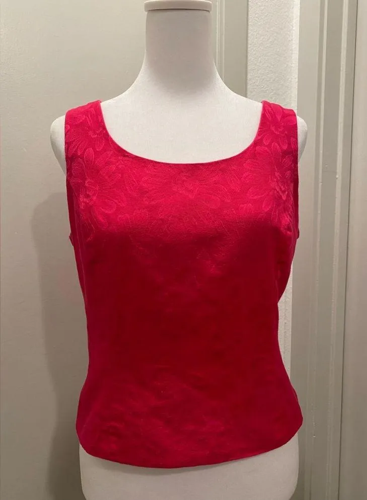 VTG 80s Le Suit Petite Fuchsia Pink Floral Jacquard Sleeveless Crop Top Blouse - Image 3