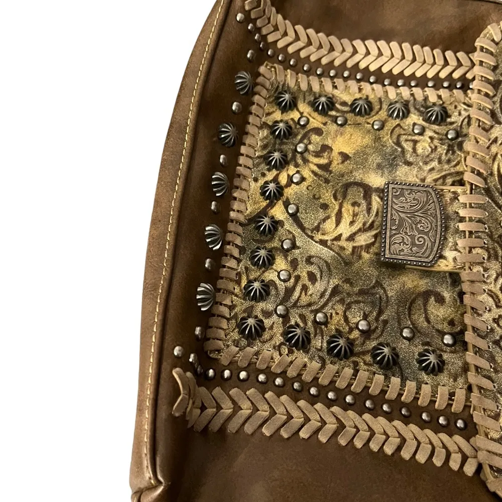 Montana West Studded Tooled Faux Leather Top Handle & Shoulder Strap Cowgirl Bag - Image 10