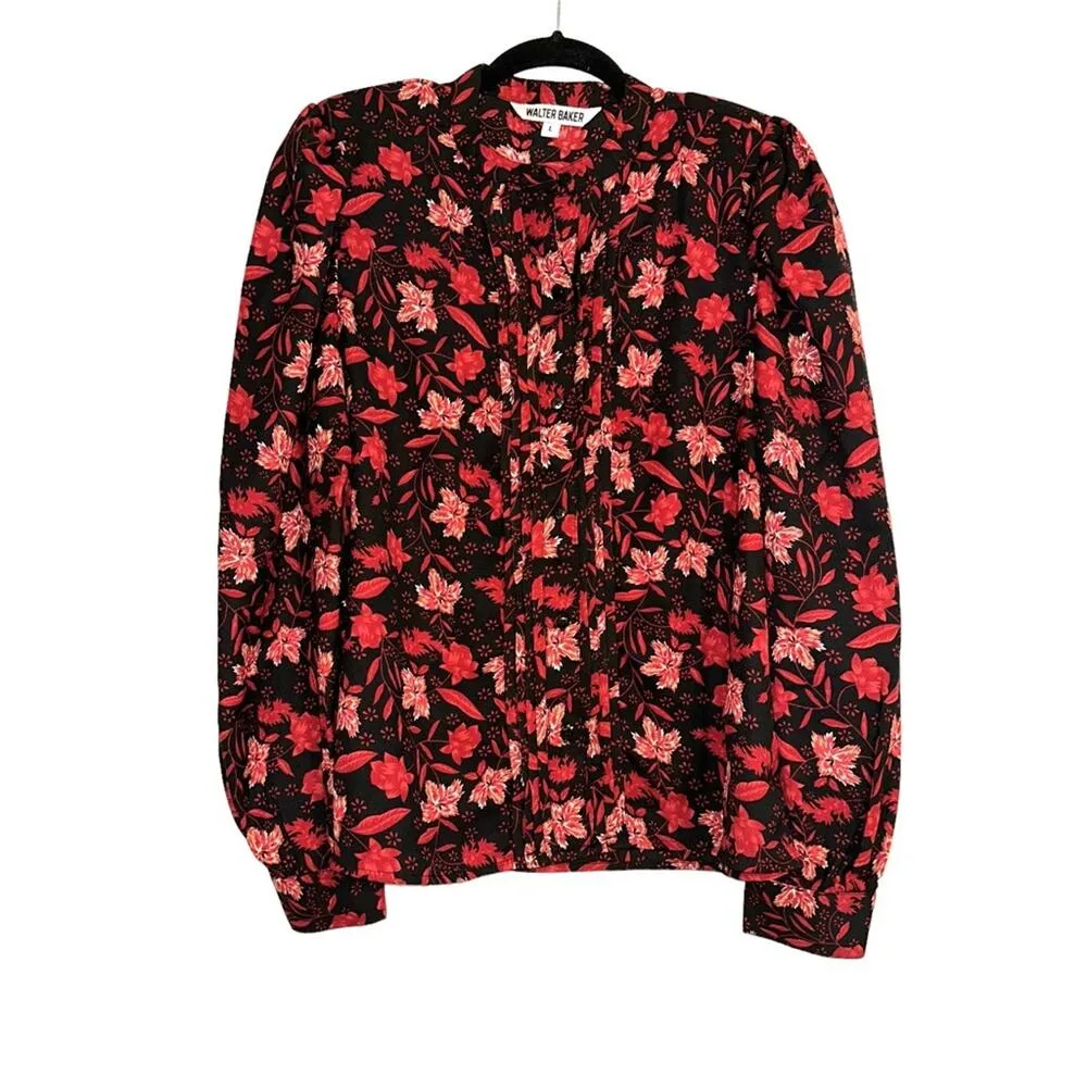 Walter Baker SIA Floral Long Sleeve Button Down Floral Red Black Blouse LARGE - Image 2