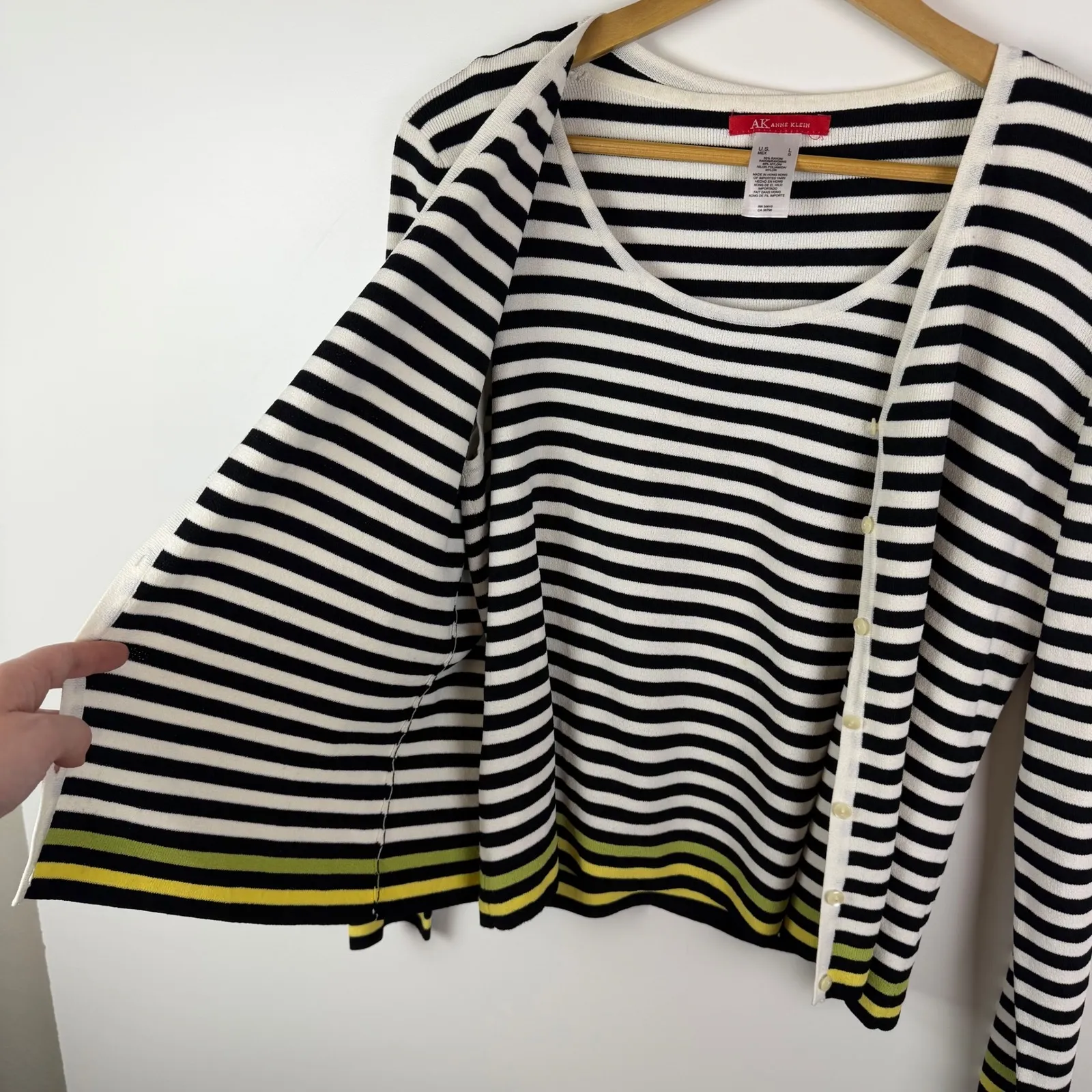 AK Anne Klein Striped Knit Cardigan Sweater Tank Top Set Size L/PL Mod Layering Black Size L - Image 2