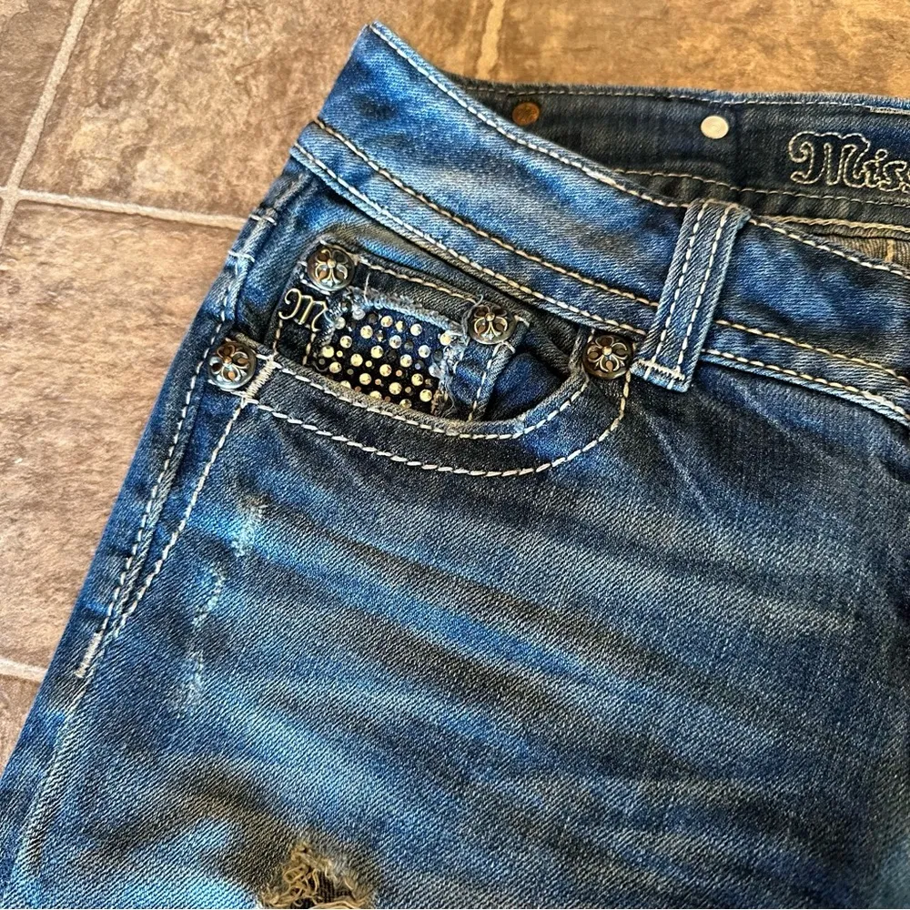 Miss Me Distressed Straight Jean Buckle Exclusive Rhinestone Button Flap Pockets - Image 11