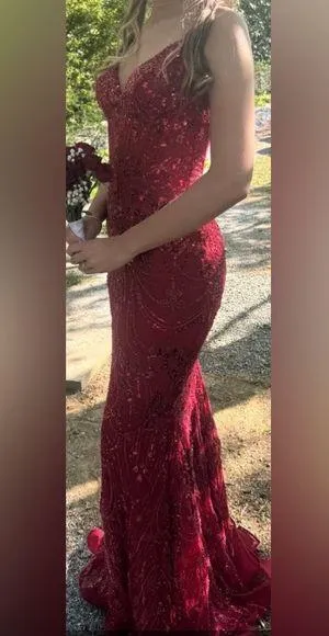 ELLIE WILDE sequined prom dress, v neck, sheath style, fitted, lace up; size 2 - Image 2