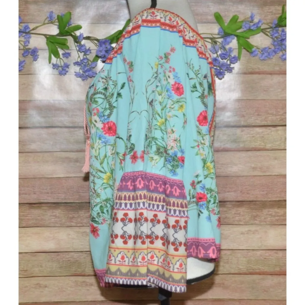 Umgee Boho Bold Floral Mixed Print Bell Sleeve Tassel Blouse Top Size M Cottage - Image 6