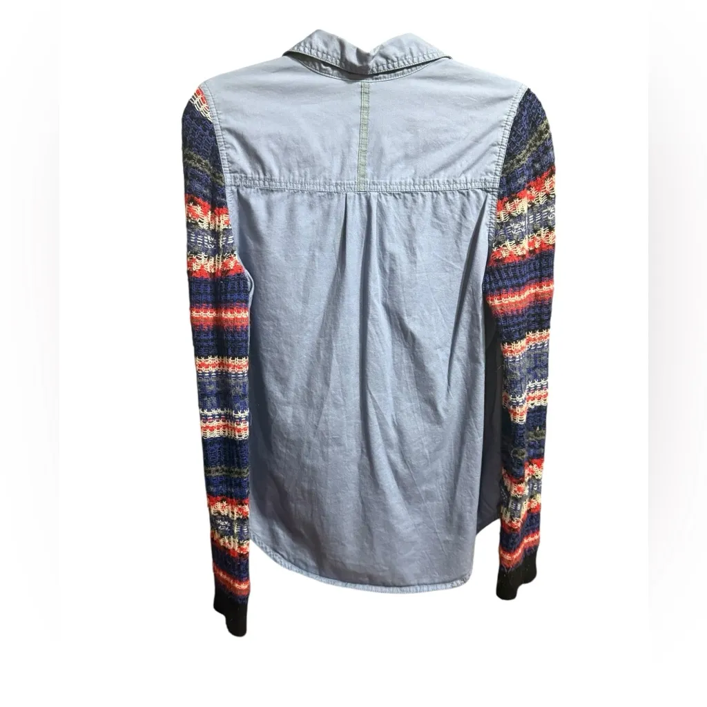 We the Free Chambray Denim Fair Isle Sweater Knit Sleeves Top Eclectic Indie Med - Image 2