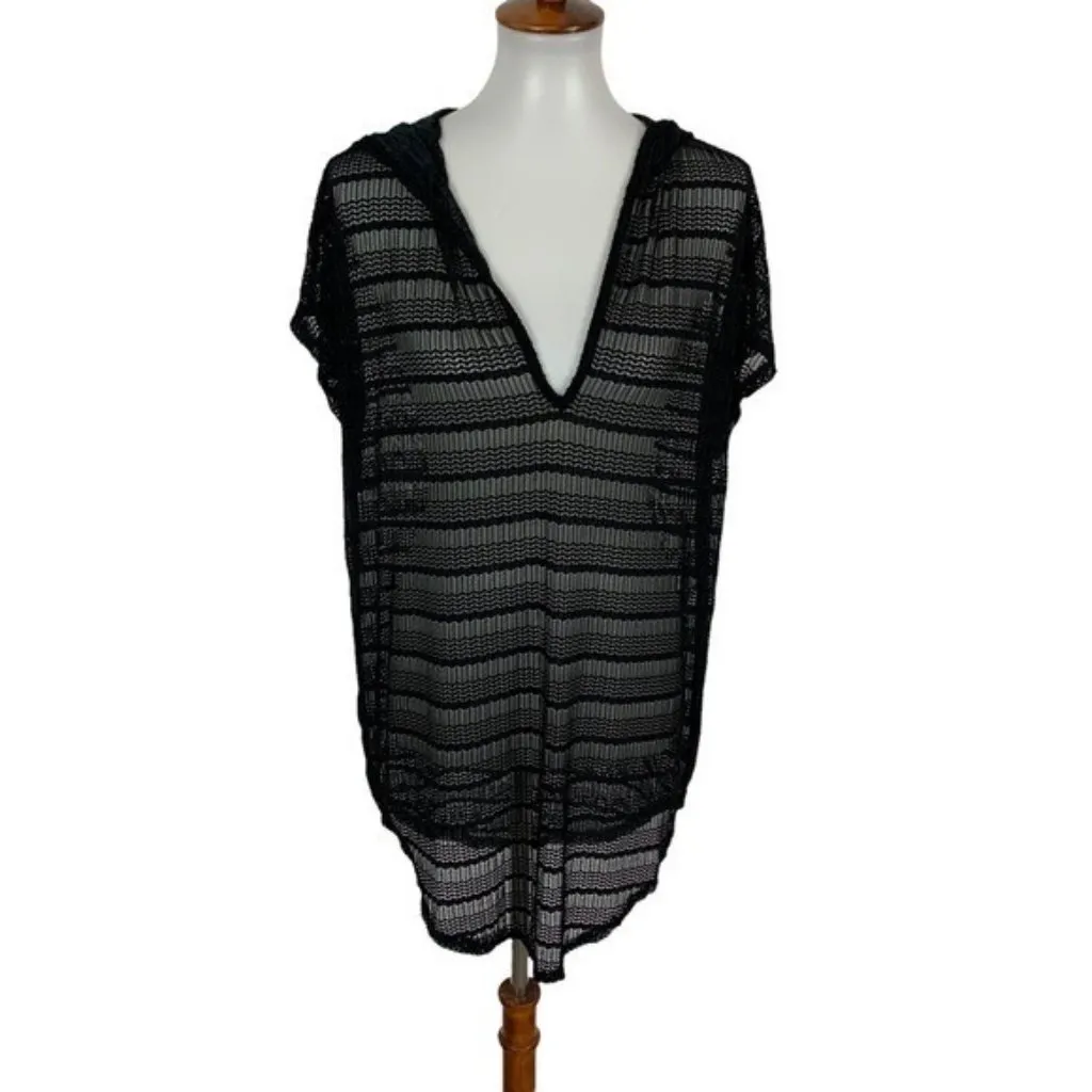 Jordan Taylor Black Mesh Striped Hooded‎ Swim Cover Up Tunic Medium Lightweight - Image 3