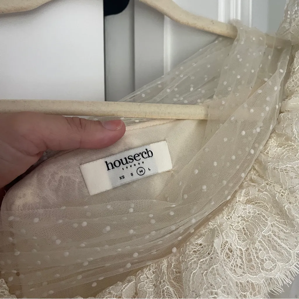 House of CB SORREL Ivory Lace Frill Mini Dress sheer Long Sleeve Polka Dot - Image 7