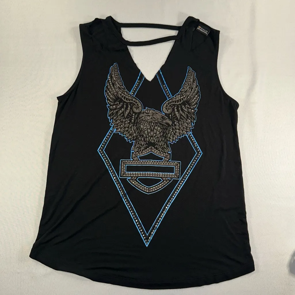 Harley Davidson Tank Top Tee Distressed Strappy Biker Moto Motorcycle Sz Med Y2K Black - Image 6