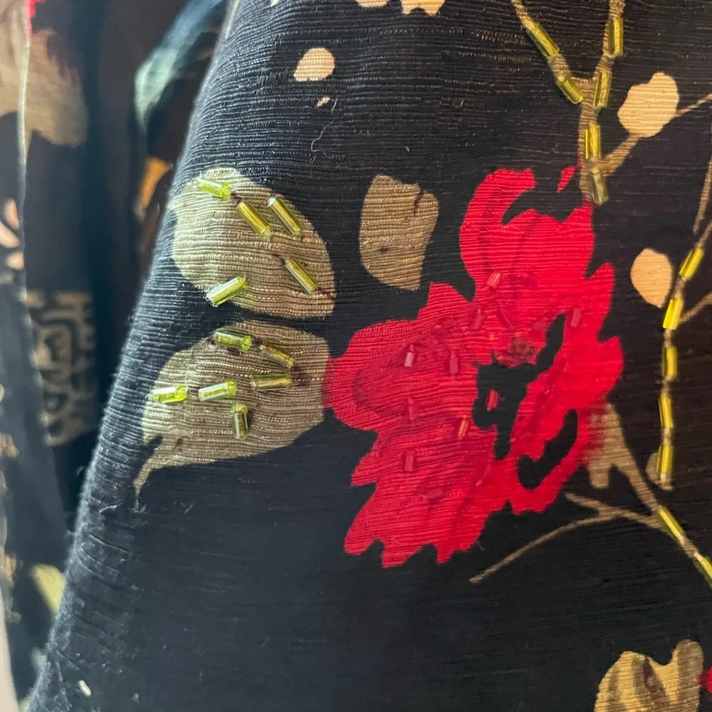 Silkland Women's Shirt Long Sleeve Kimono Top Black Red Beaded Flowers Silk Sz M Size M - Image 10