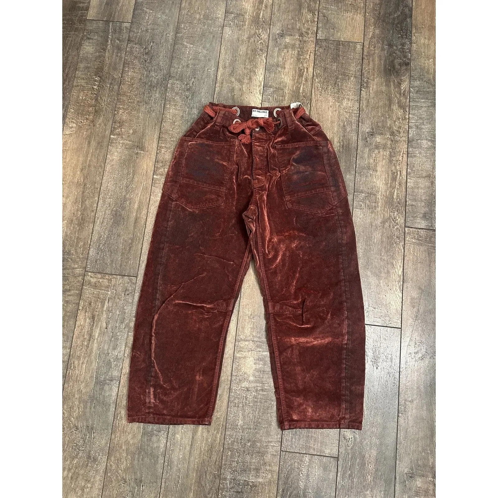 Free People Moxie Flocked Pull On Barrel Jeans Red Velvet Rope Tie Size 28 - Image 6